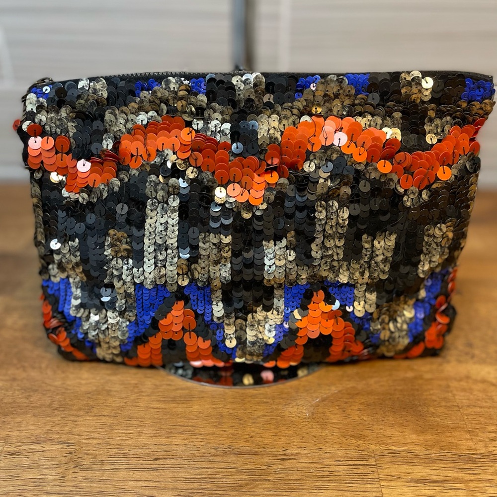 INDITEX | Zara | Sequin | Clutch | Geometric | Black,Silver,Orange (10.5x7.5)